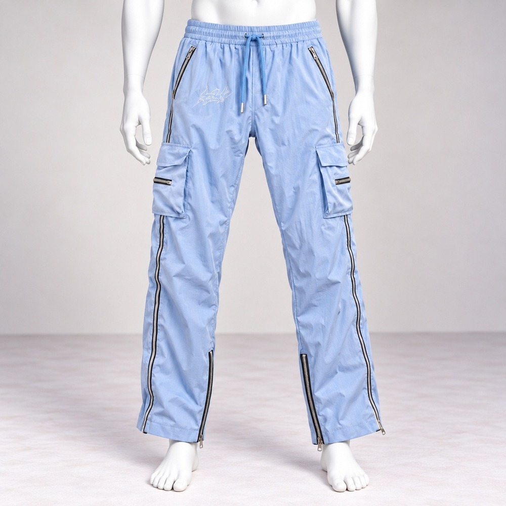 Fashion Nova Cargo Jogger Pants Mens Medium Blue Rhinestone Zipper Ankle